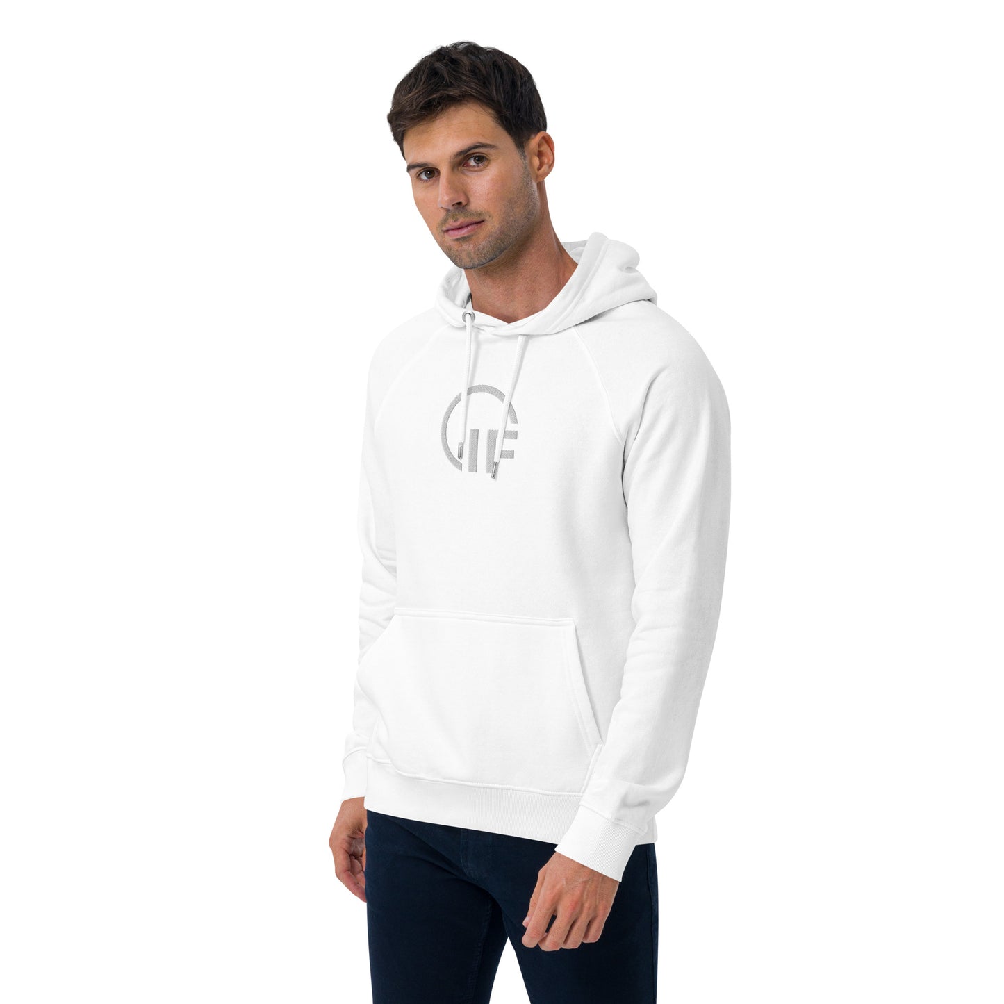 Unisex eco raglan hoodie  (Large Embroidered IF Chest Logo - White Thread)