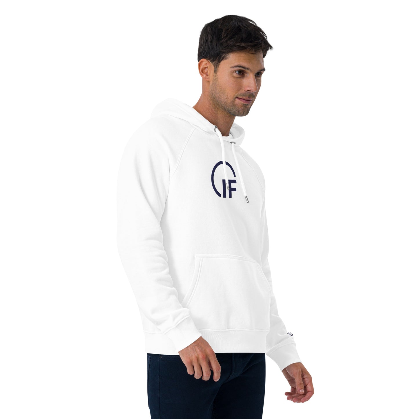 Embroidered Unisex eco raglan hoodie (Large Embroidered IF Chest Logo - Navy Thread)